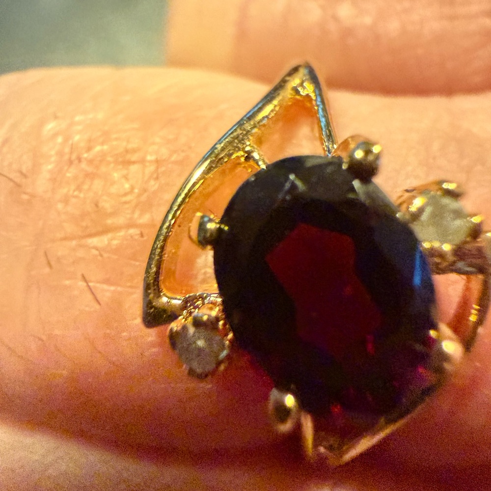 Gold-Tone Garnet Oval Ring with Clear Accent Stones